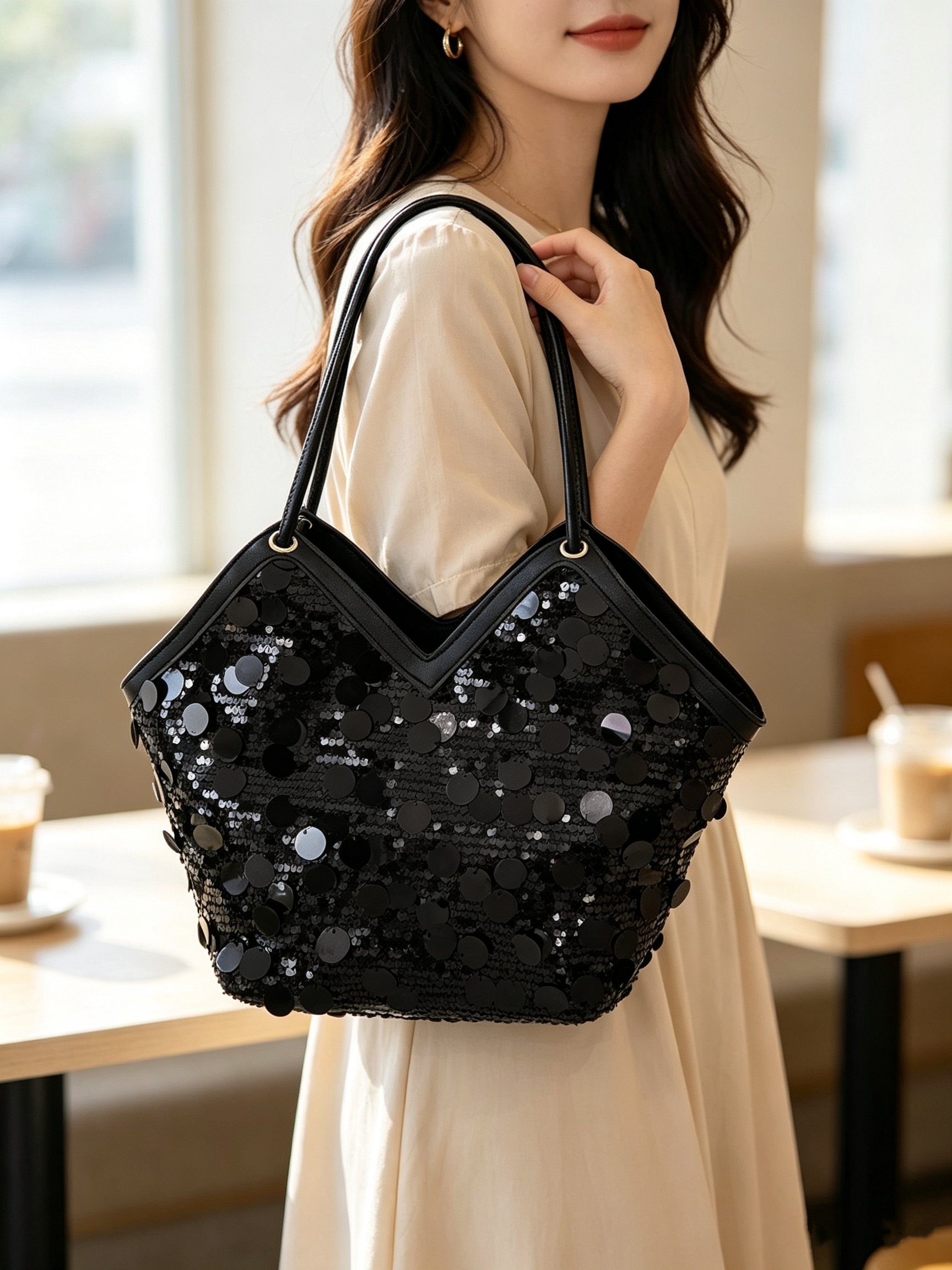 Black Sequin Tote Shoulder Bag