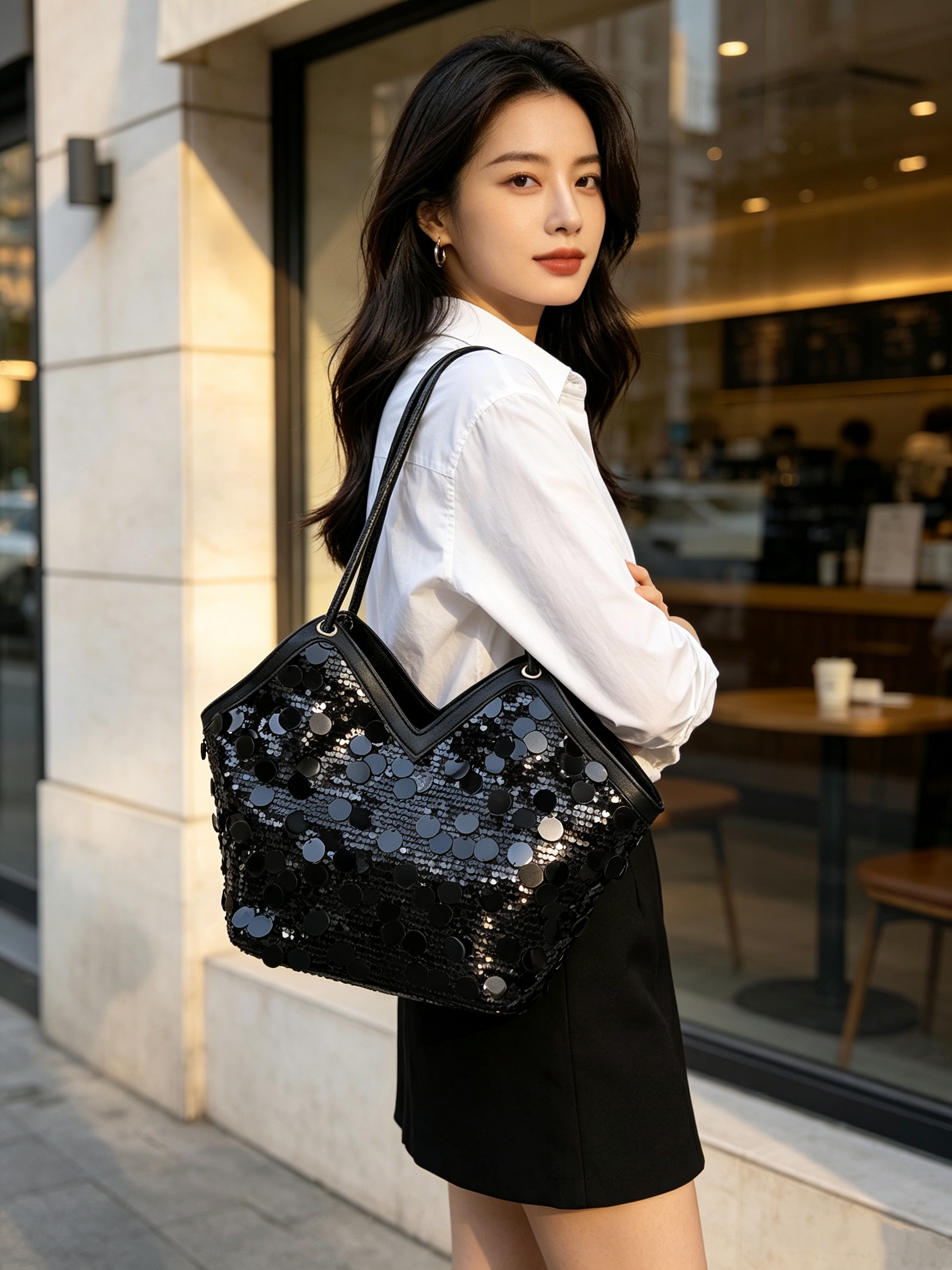 Black Sequin Tote Shoulder Bag