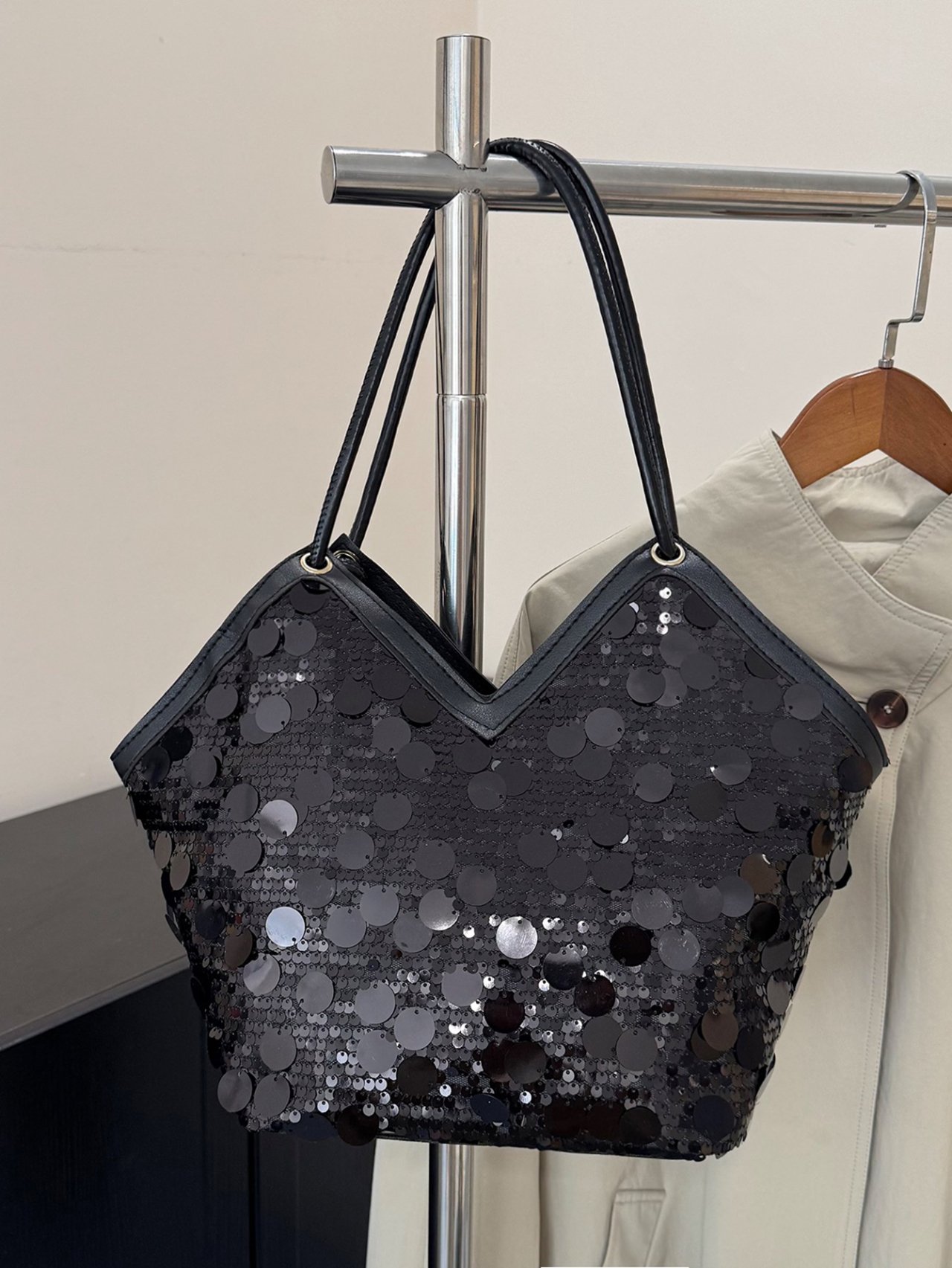 Black Sequin Tote Shoulder Bag