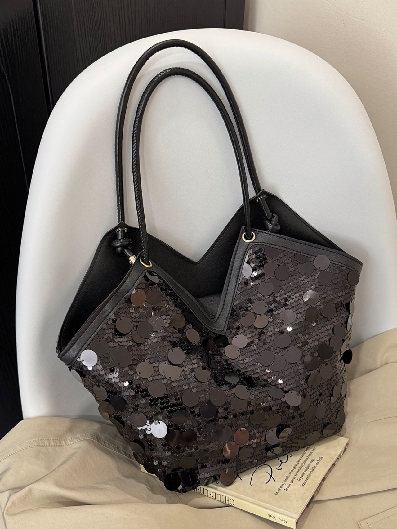 Black Sequin Tote Shoulder Bag