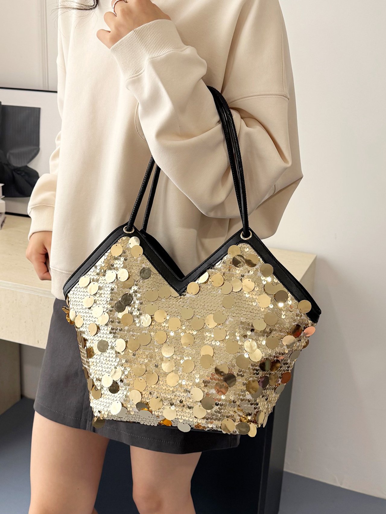 Golden Sequin Glamour Tote Shoulder Bag