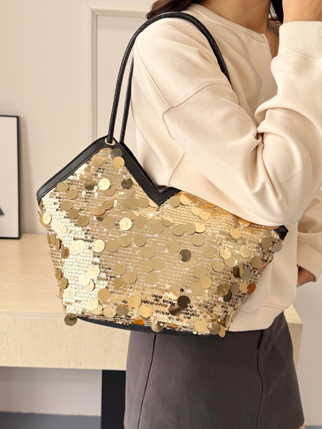 Golden Sequin Glamour Tote Shoulder Bag