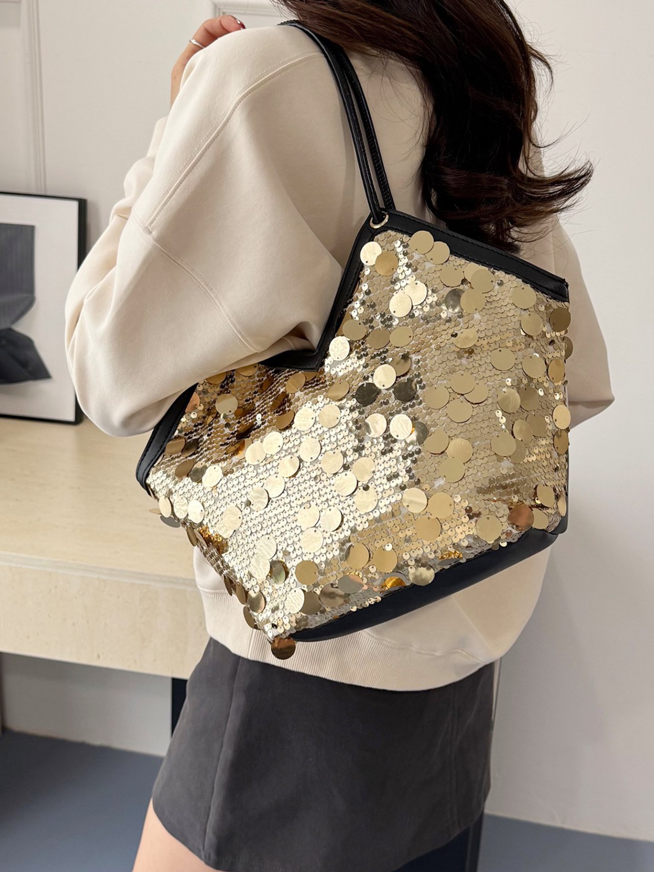 Golden Sequin Glamour Tote Shoulder Bag