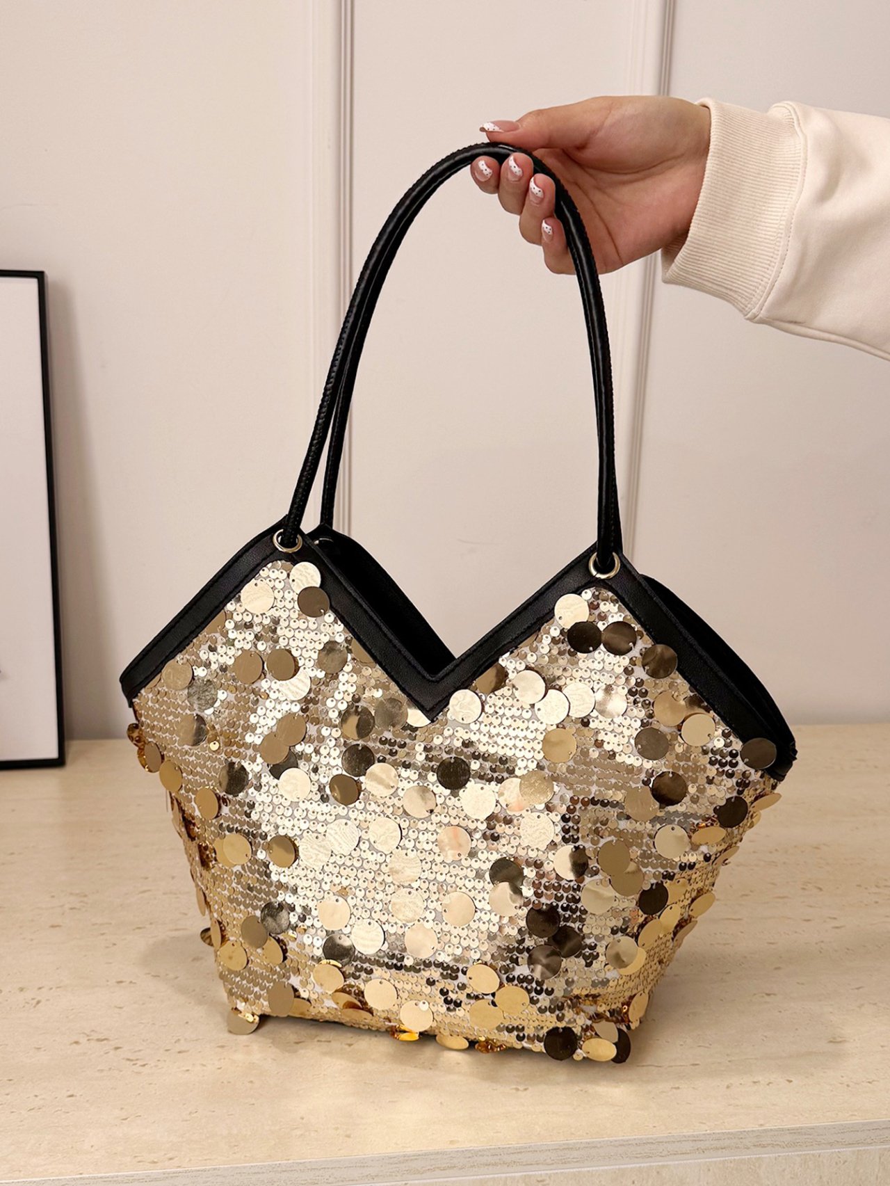 Golden Sequin Glamour Tote Shoulder Bag