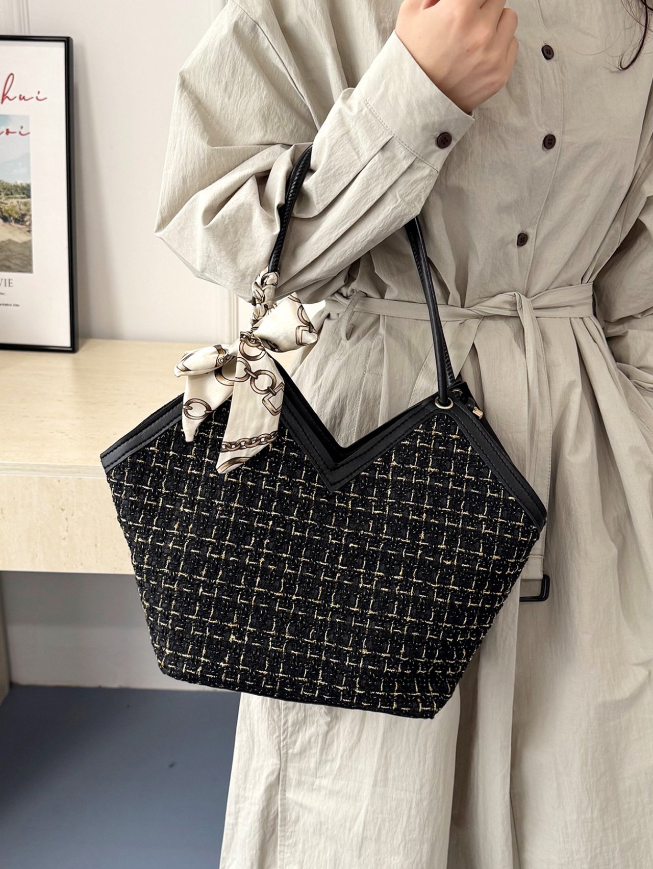 Black Tweed Tote Bag with Scarf Accent