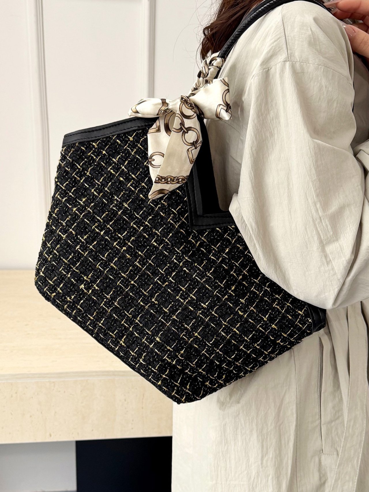 Black Tweed Tote Bag with Scarf Accent
