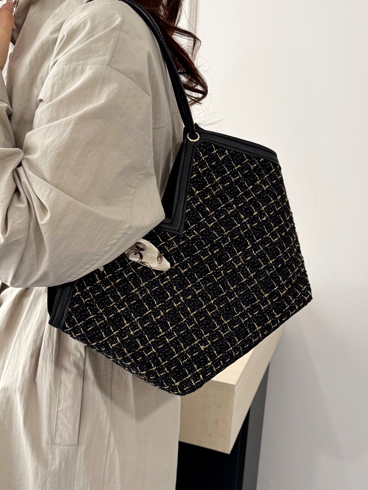 Black Tweed Tote Bag with Scarf Accent