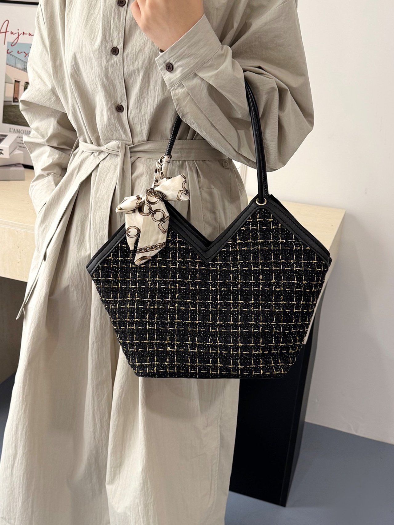 Black Tweed Tote Bag with Scarf Accent