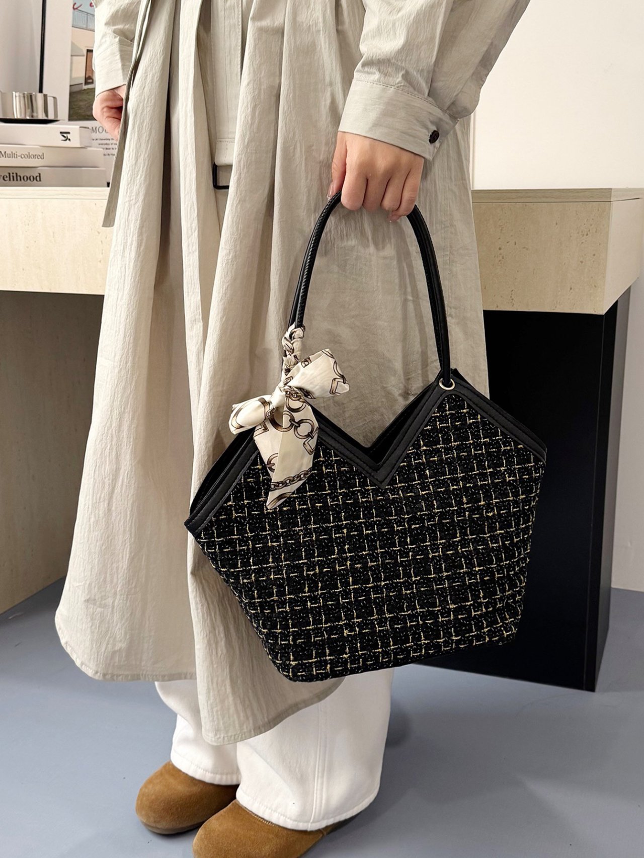 Black Tweed Tote Bag with Scarf Accent