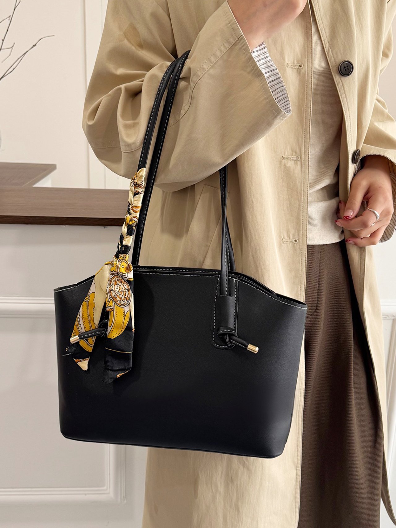 Black Tote Bag with Decorative Scarf