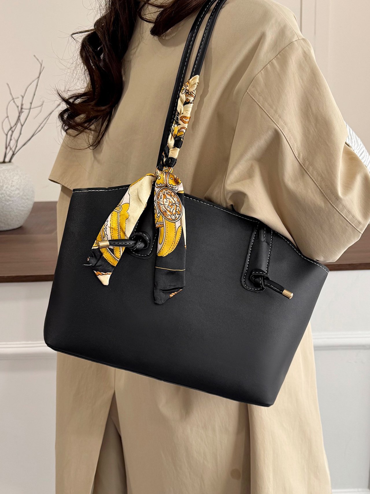 Black Tote Bag with Decorative Scarf