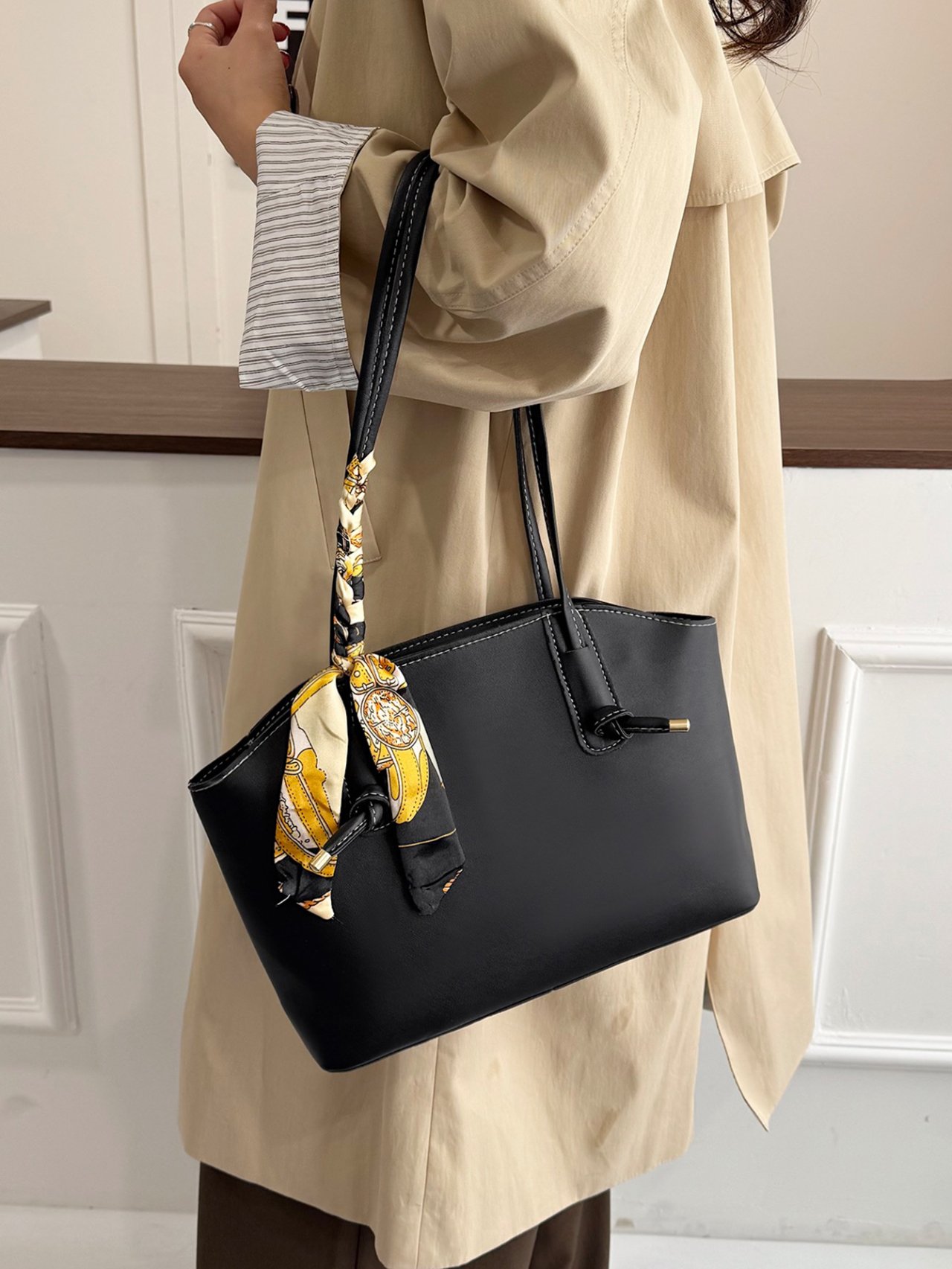 Black Tote Bag with Decorative Scarf