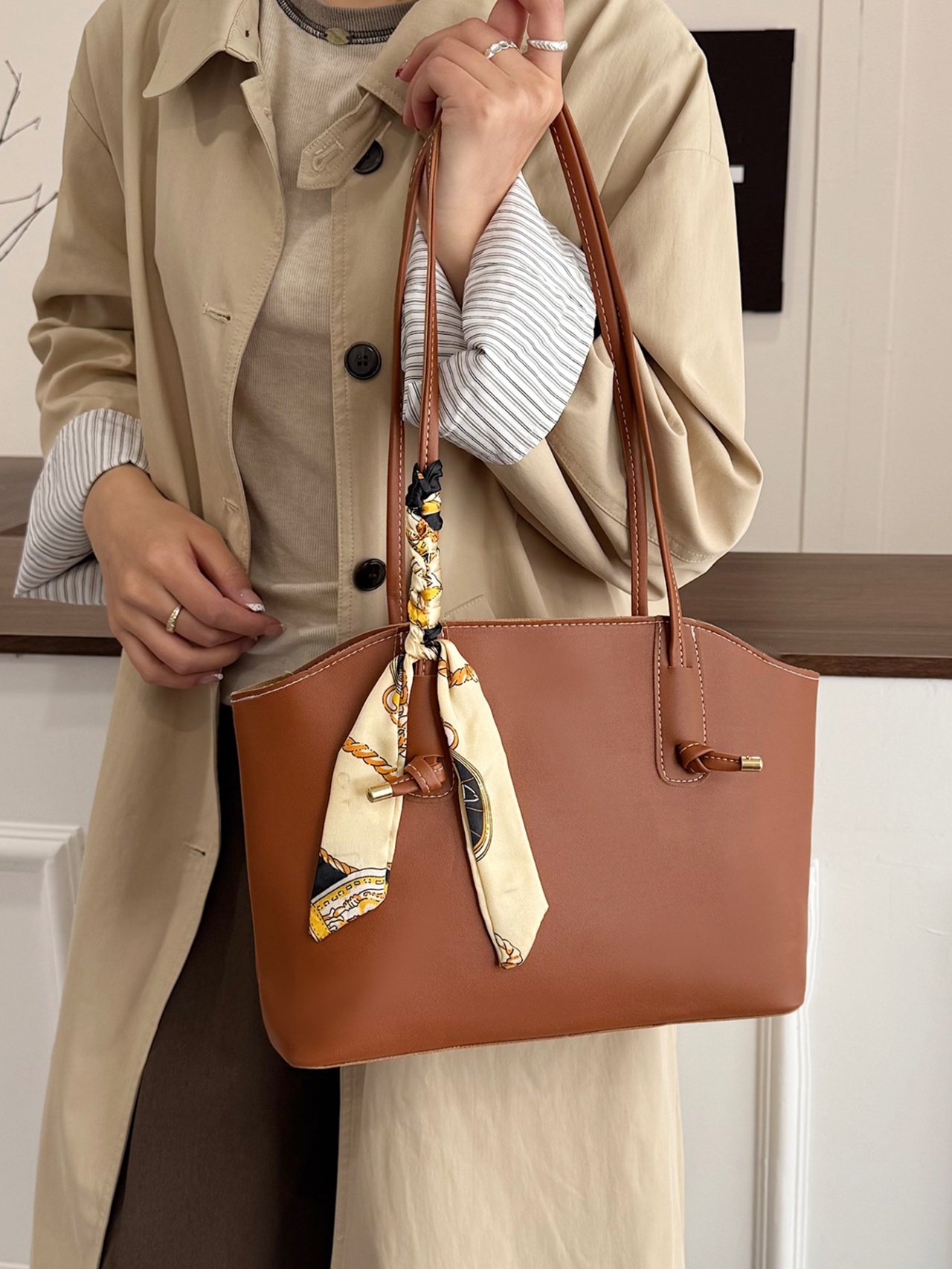 Brown Tote Shoulder Bag with Silk Scarf