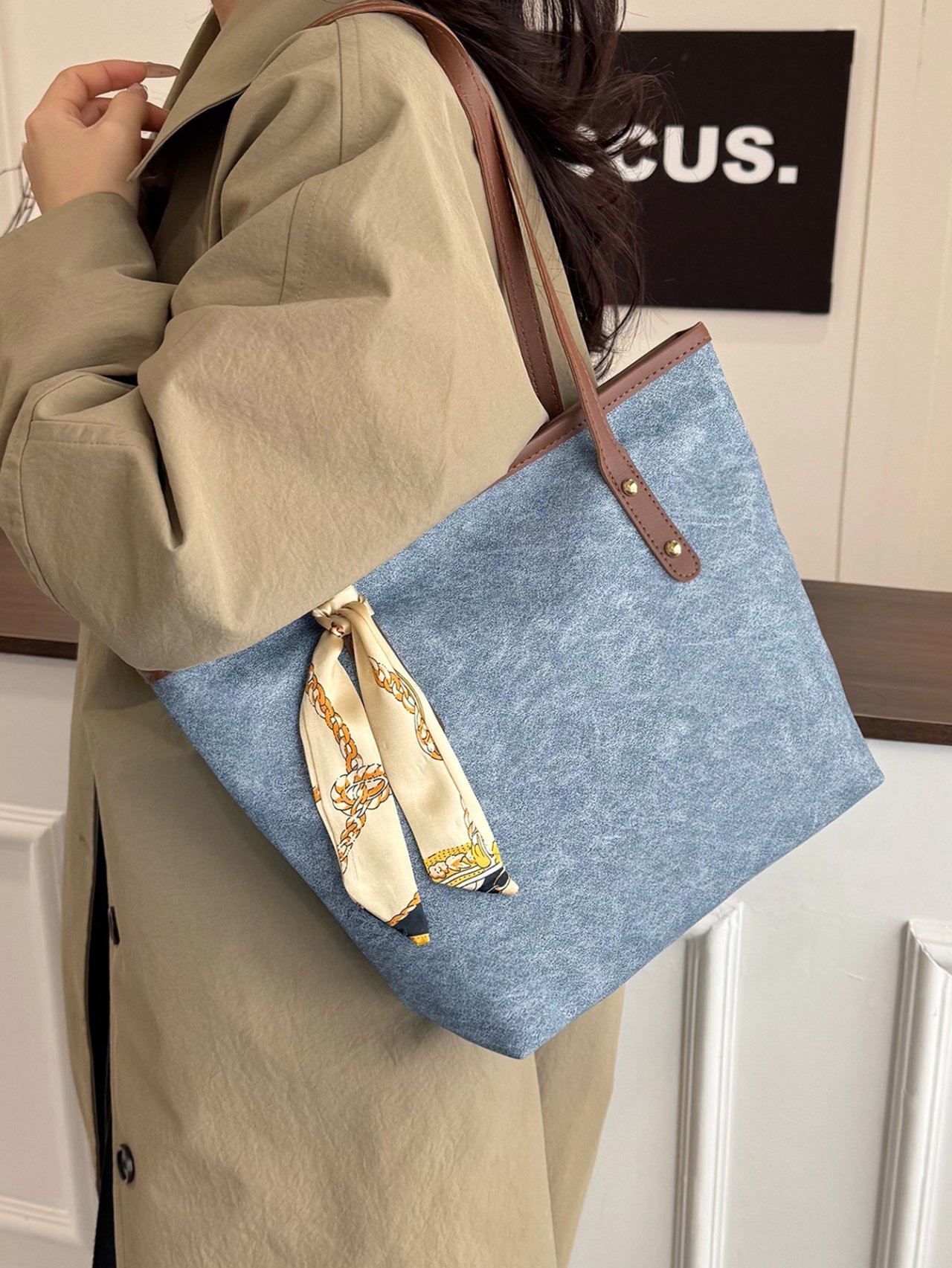 Blue Shoulder Bag with Decorative Scarf