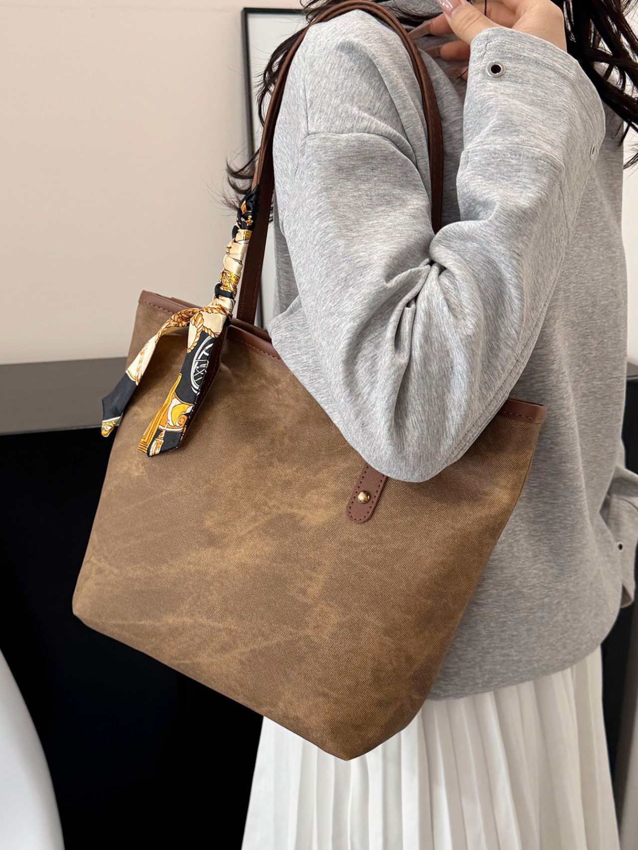 Brown Canvas Shoulder Bag with Decorative Scarf