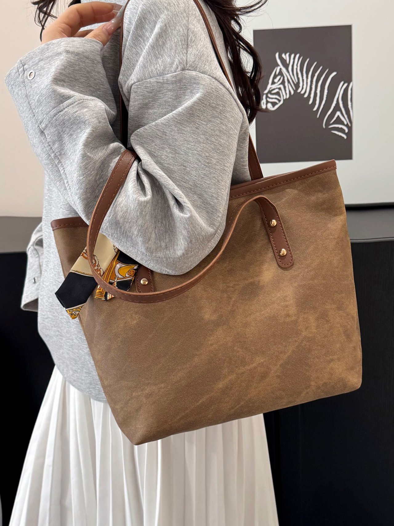 Brown Canvas Shoulder Bag with Decorative Scarf