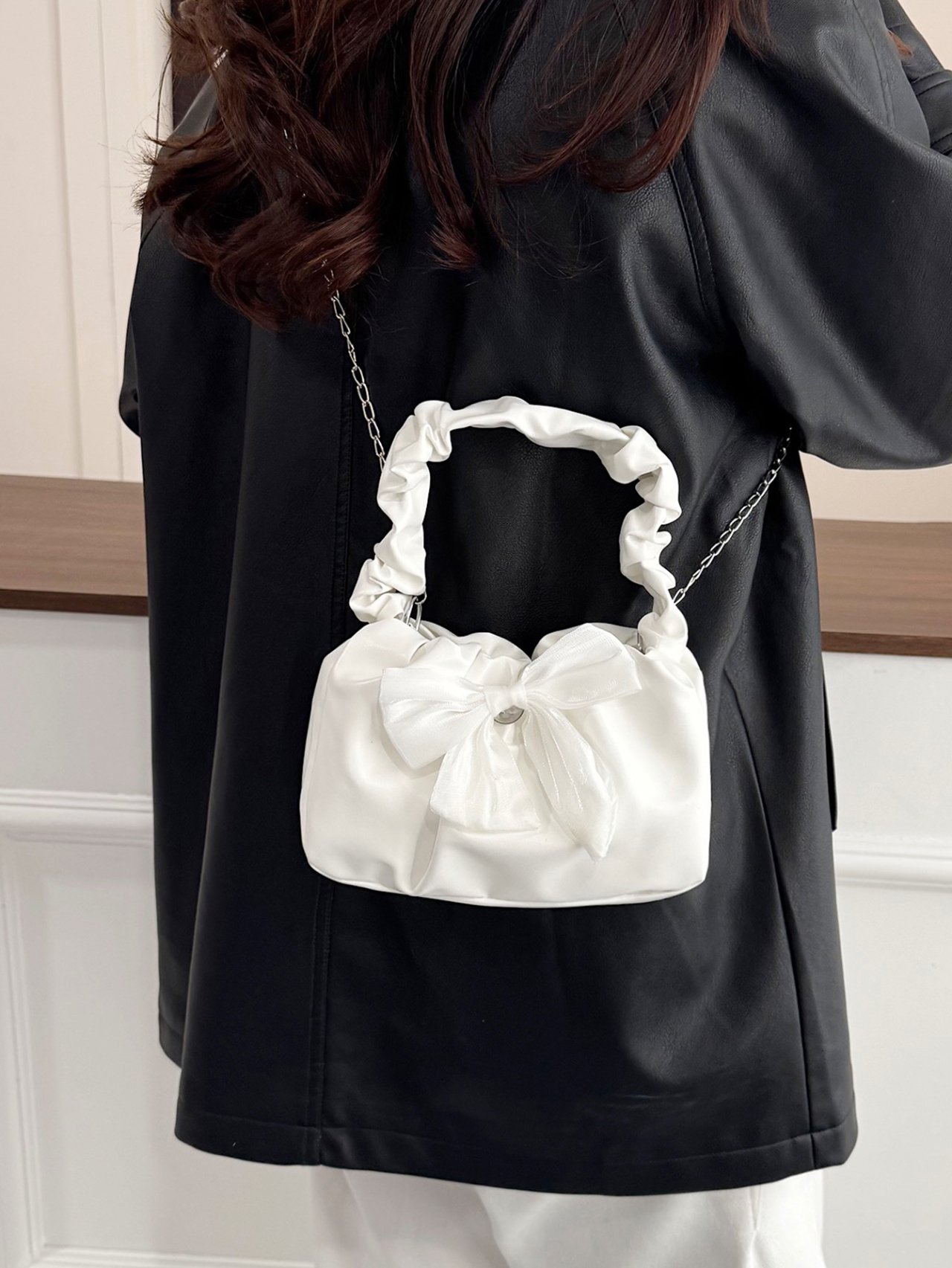 White Ruched Crossbody Bag with Bow Detail