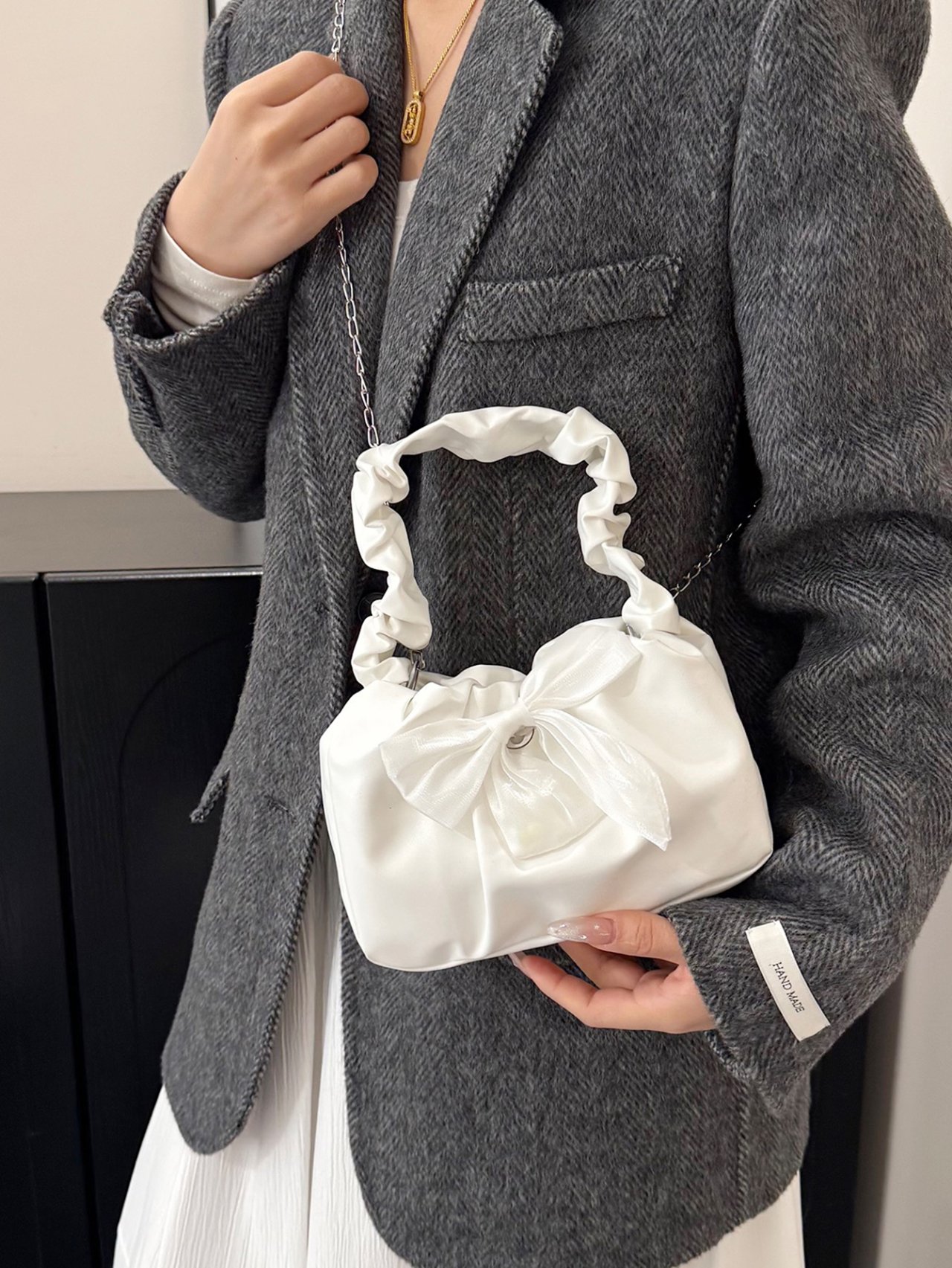 White Ruched Crossbody Bag with Bow Detail