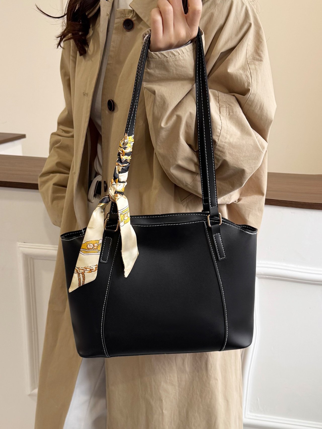 Black Shoulder Bag with Silk Scarf Accent
