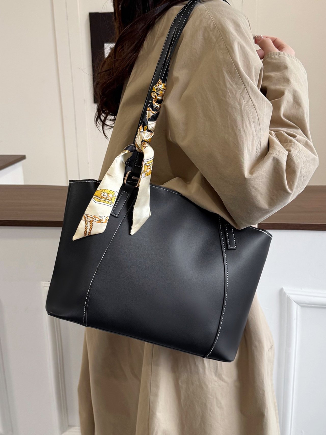 Black Shoulder Bag with Silk Scarf Accent