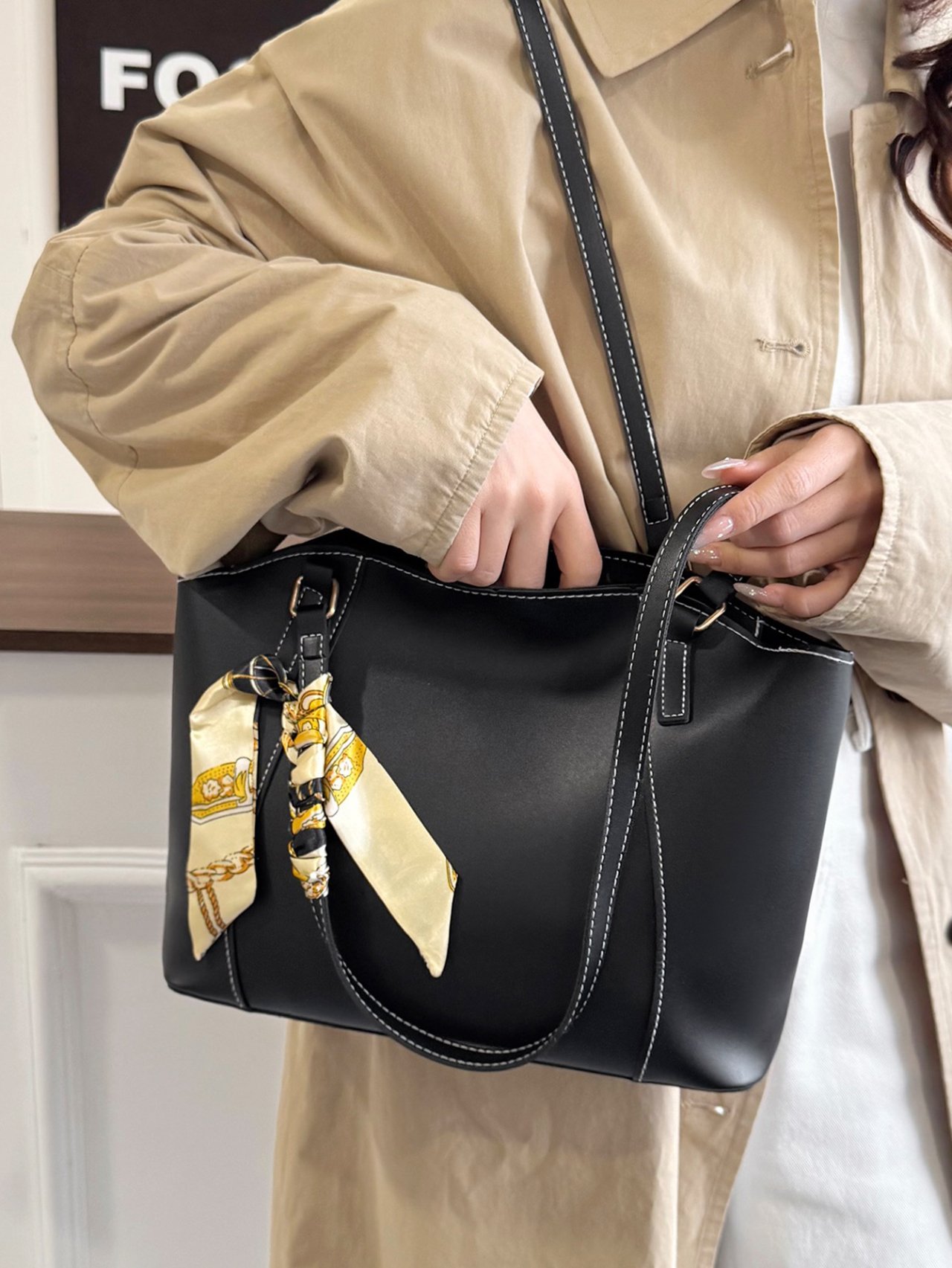 Black Shoulder Bag with Silk Scarf Accent