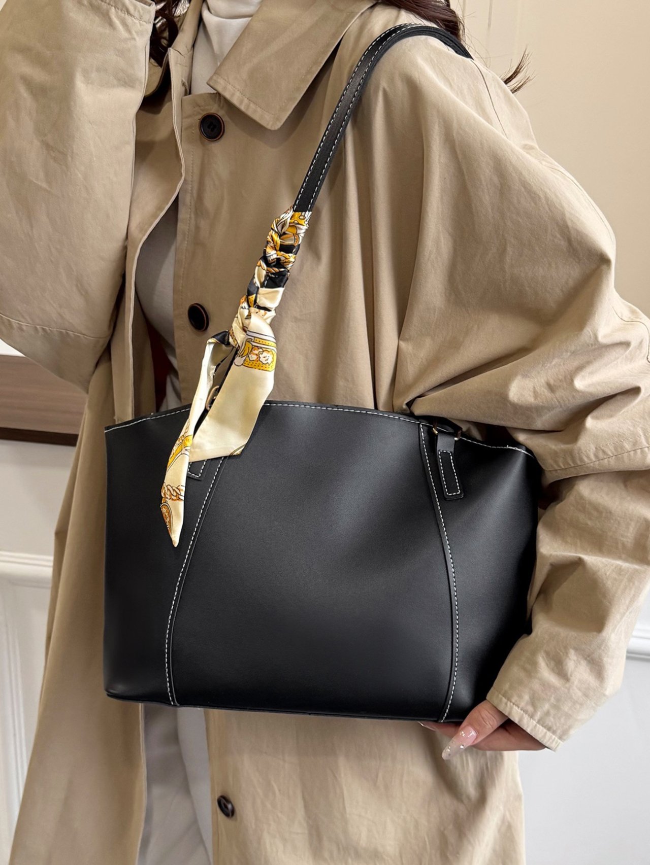 Black Shoulder Bag with Silk Scarf Accent