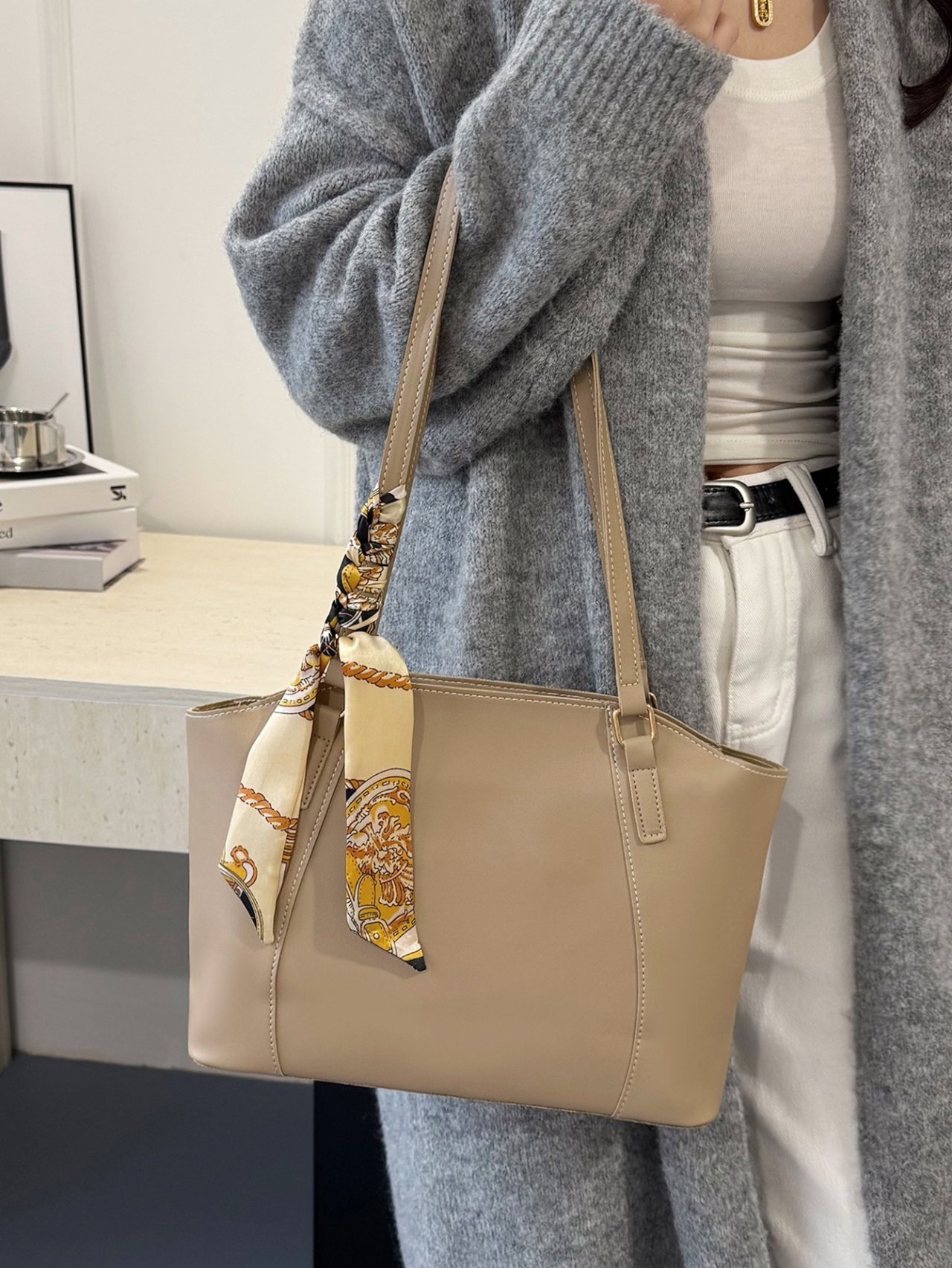 Khaki Shoulder Bag with Scarf Accent