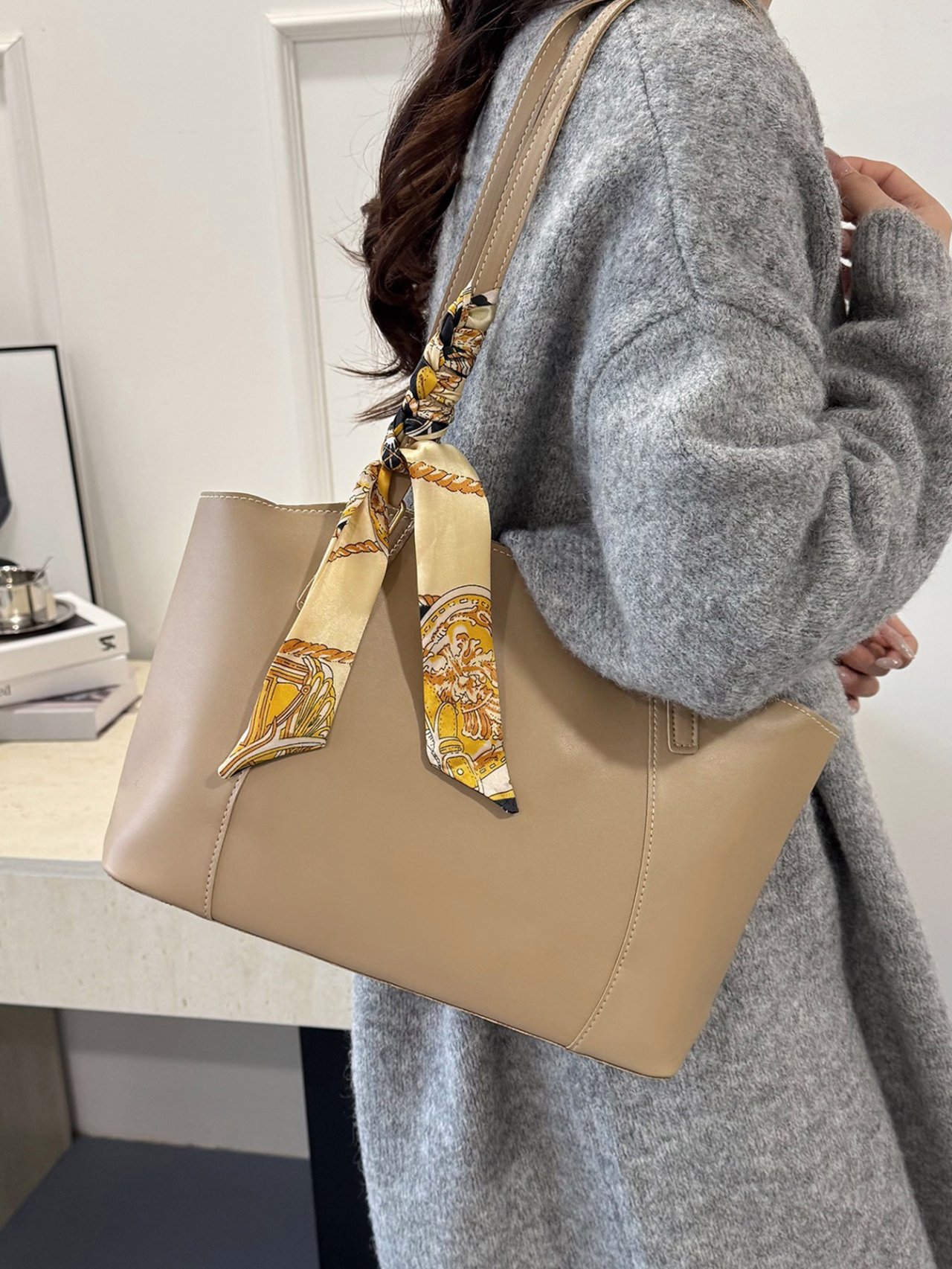 Khaki Shoulder Bag with Scarf Accent