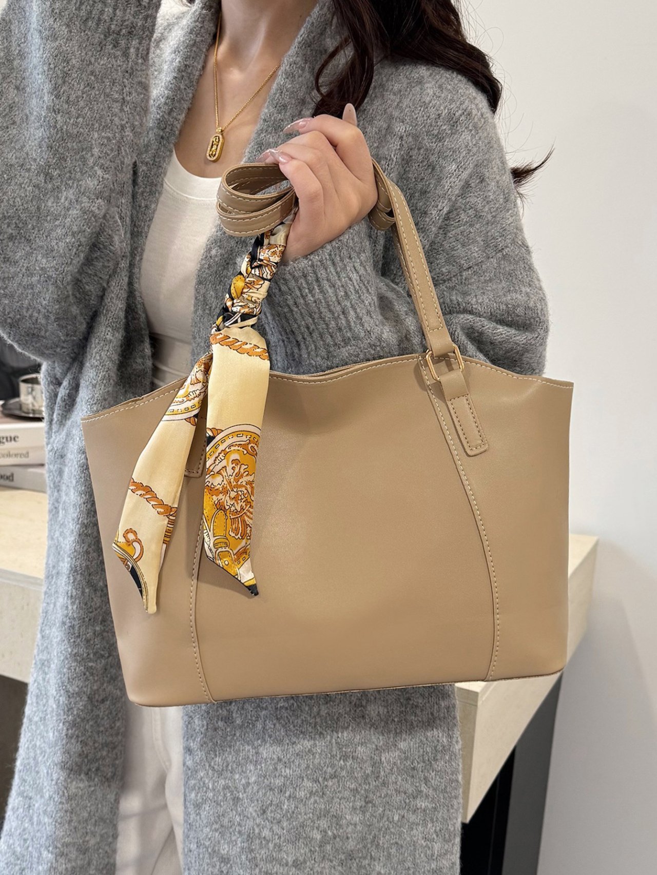 Khaki Shoulder Bag with Scarf Accent