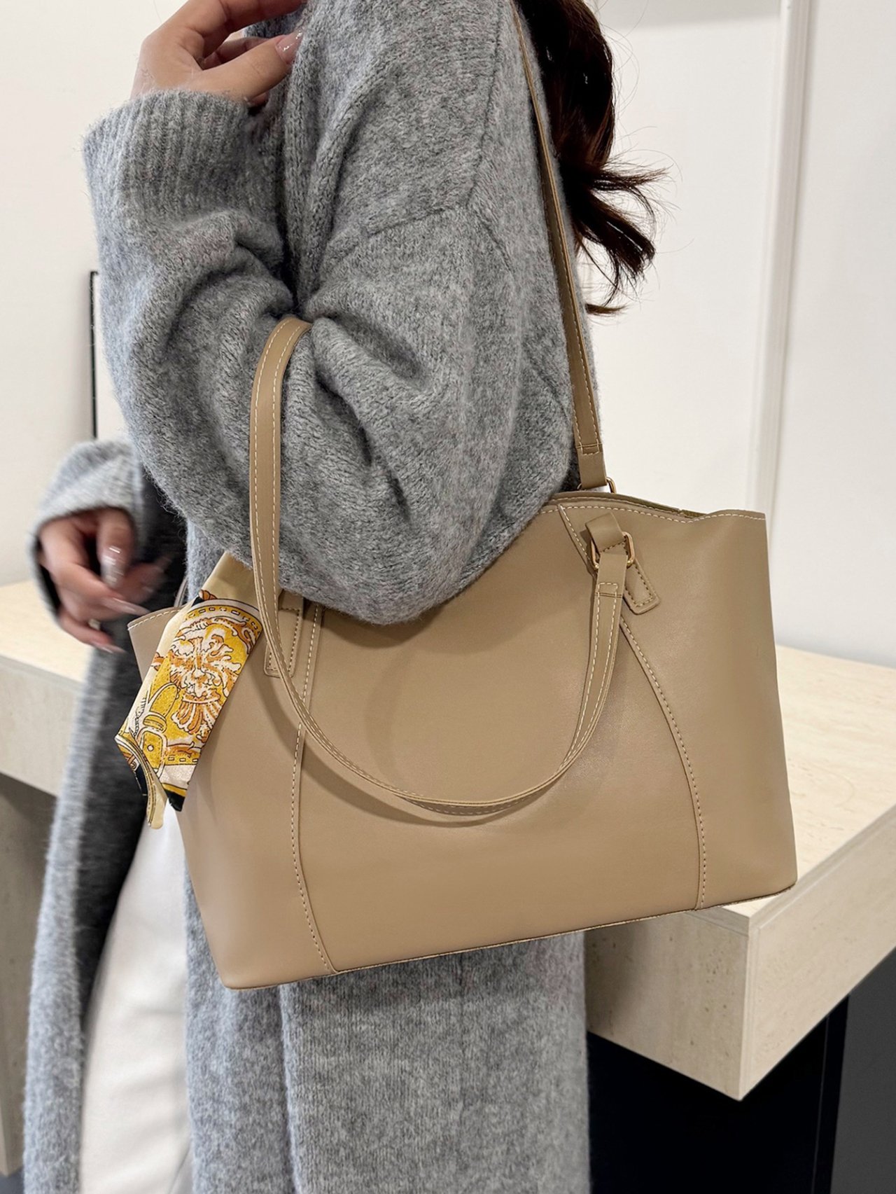 Khaki Shoulder Bag with Scarf Accent