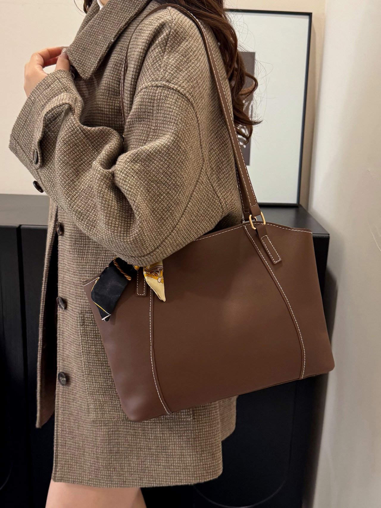 Coffee Brown Shoulder Bag with Silk Scarf Accent