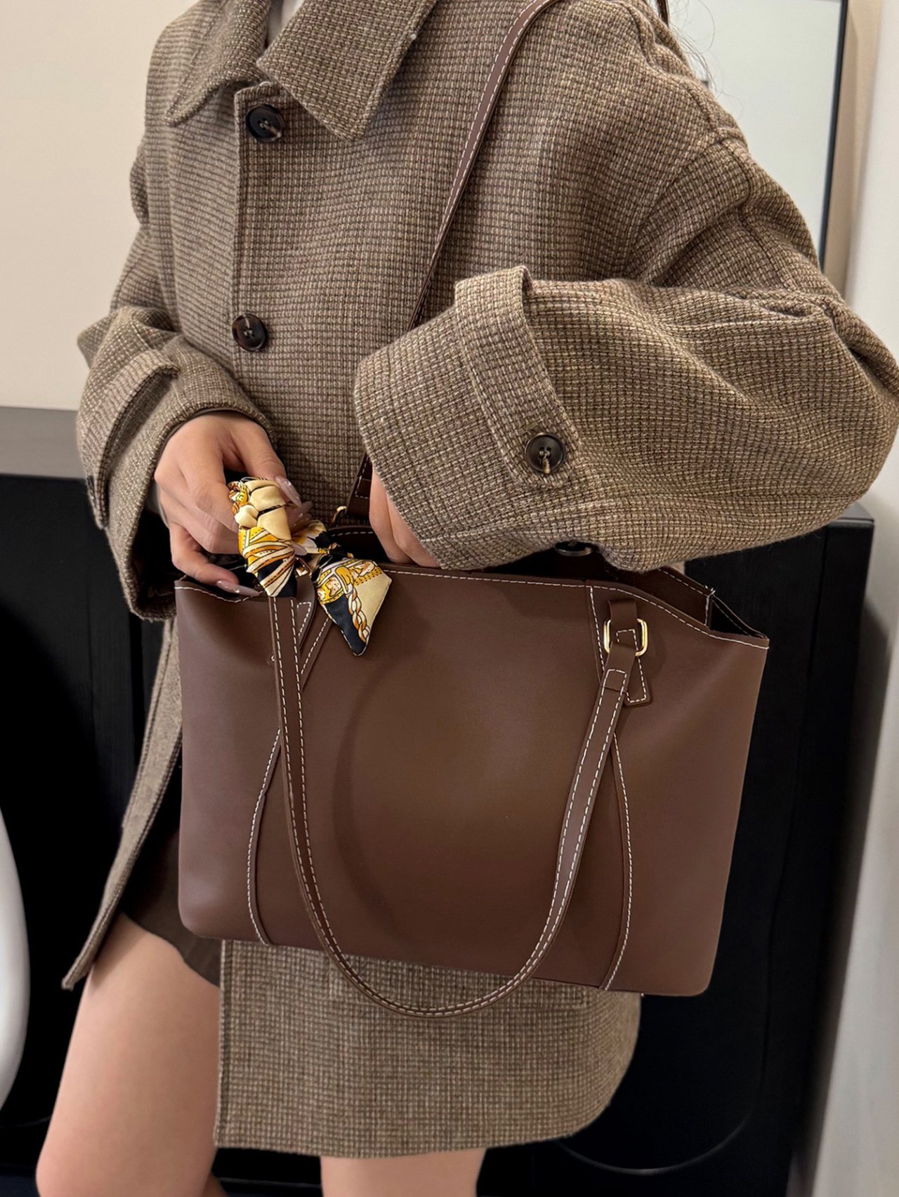 Coffee Brown Shoulder Bag with Silk Scarf Accent