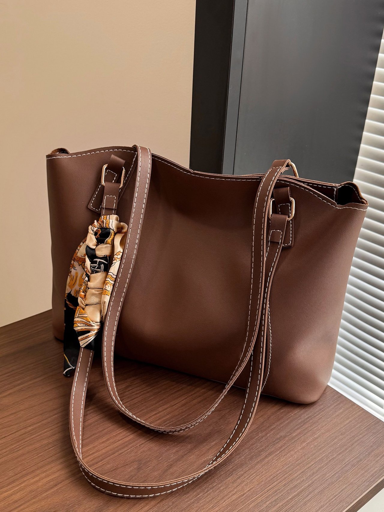 Coffee Brown Shoulder Bag with Silk Scarf Accent