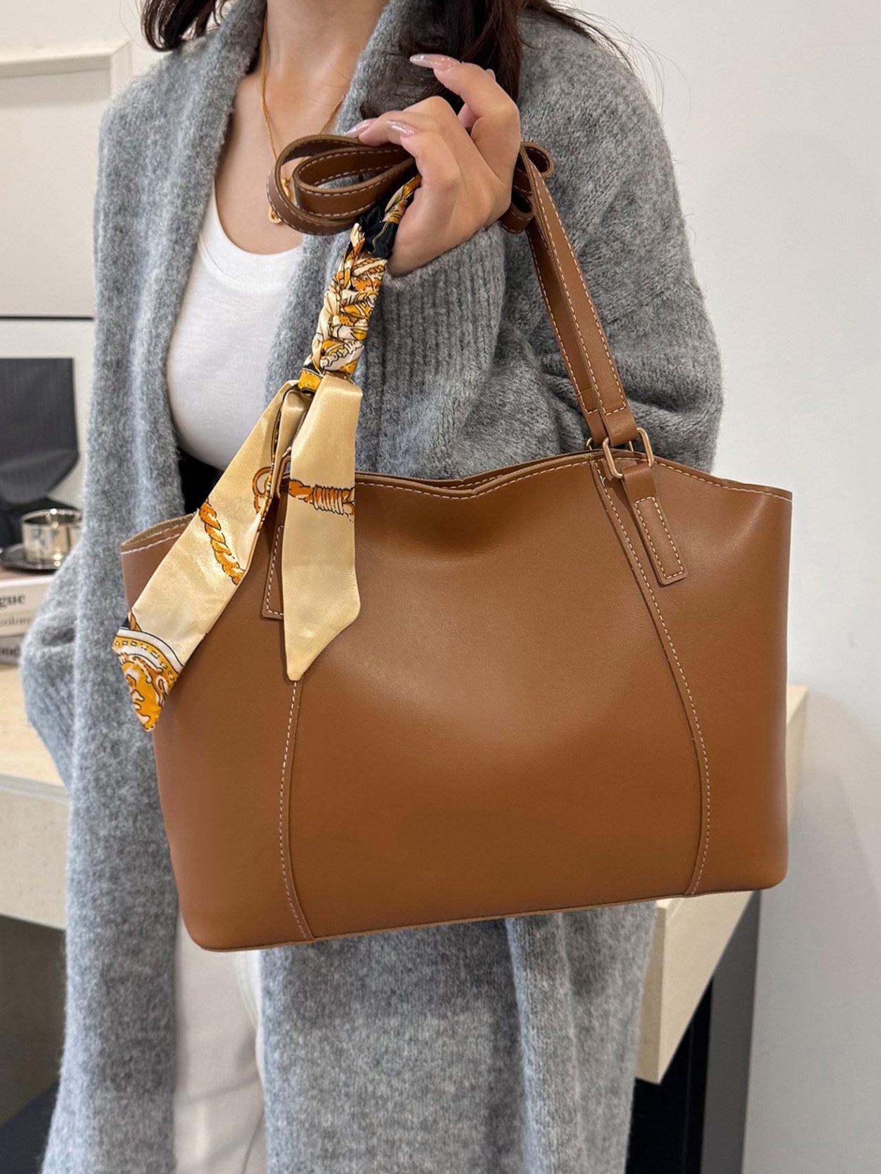 Brown Shoulder Bag with Scarf Accent