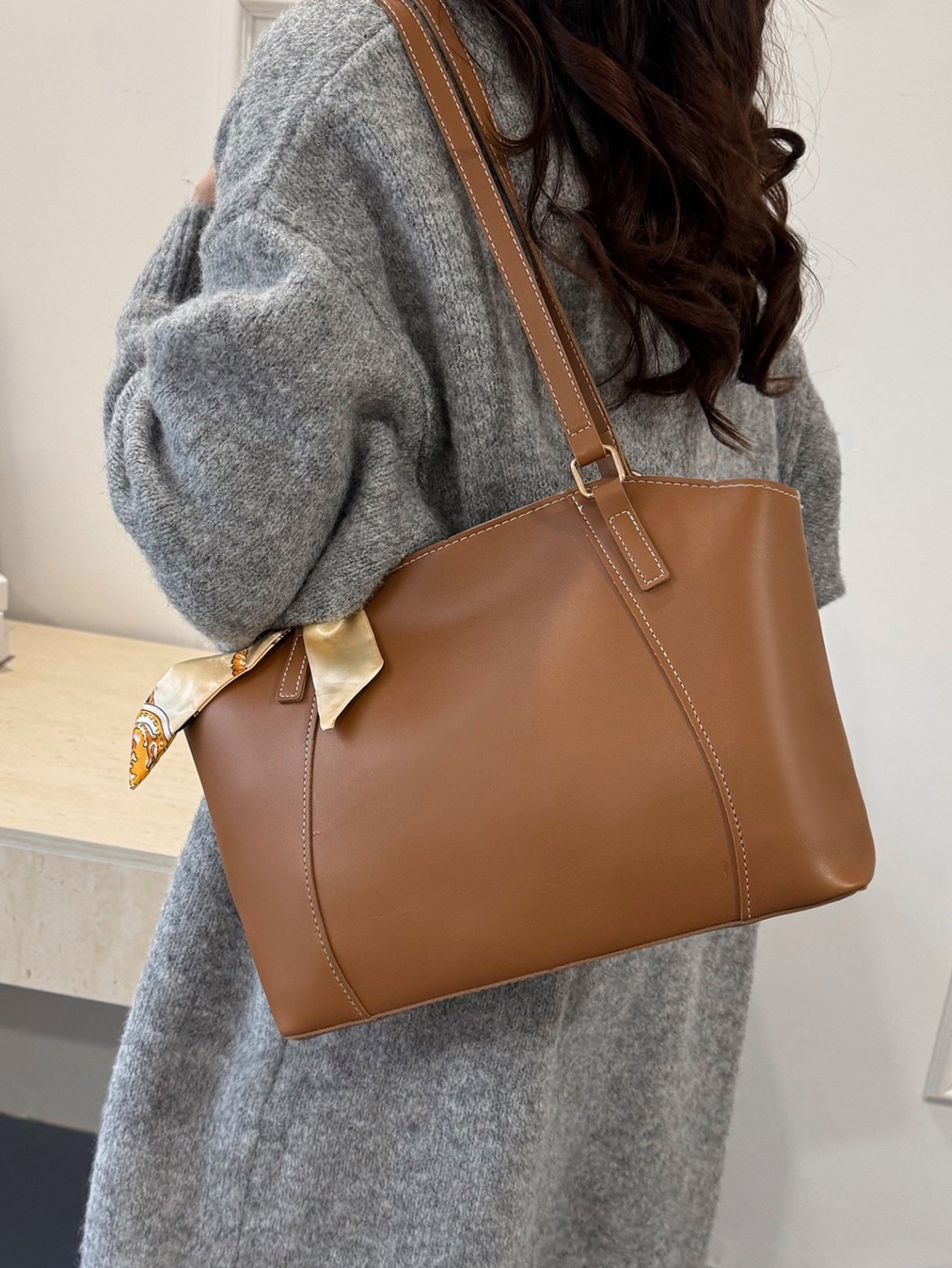 Brown Shoulder Bag with Scarf Accent