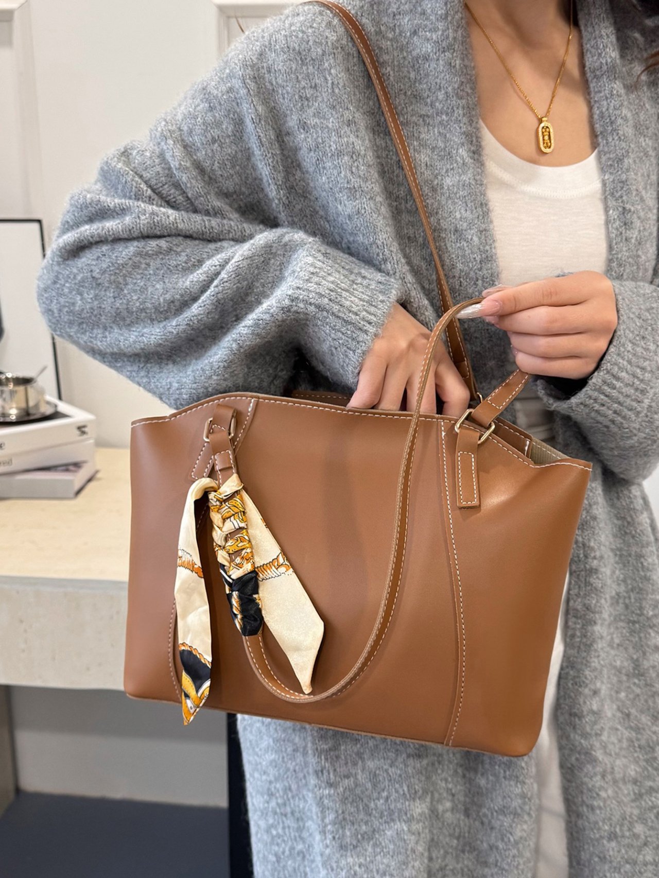 Brown Shoulder Bag with Scarf Accent