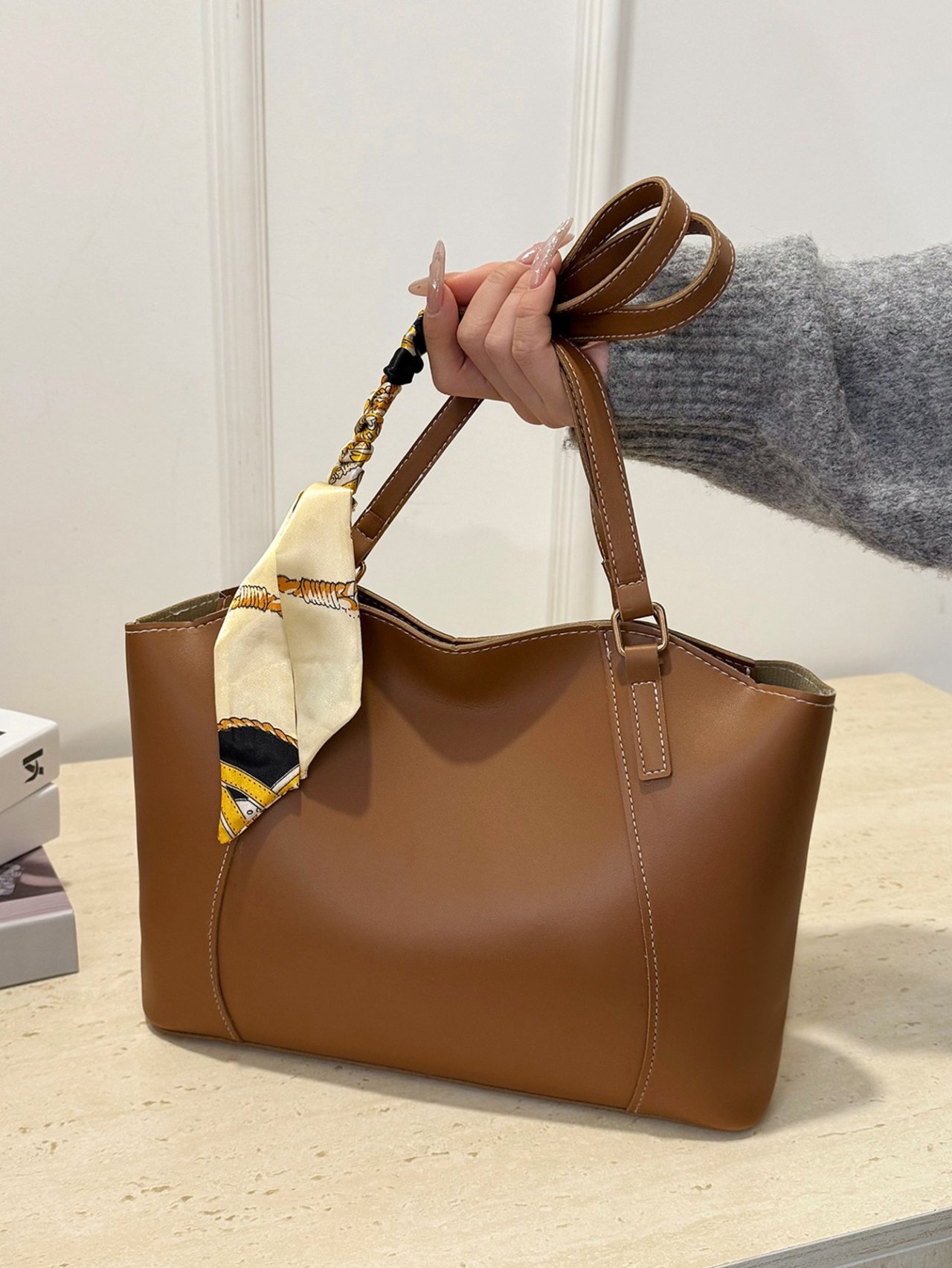 Brown Shoulder Bag with Scarf Accent