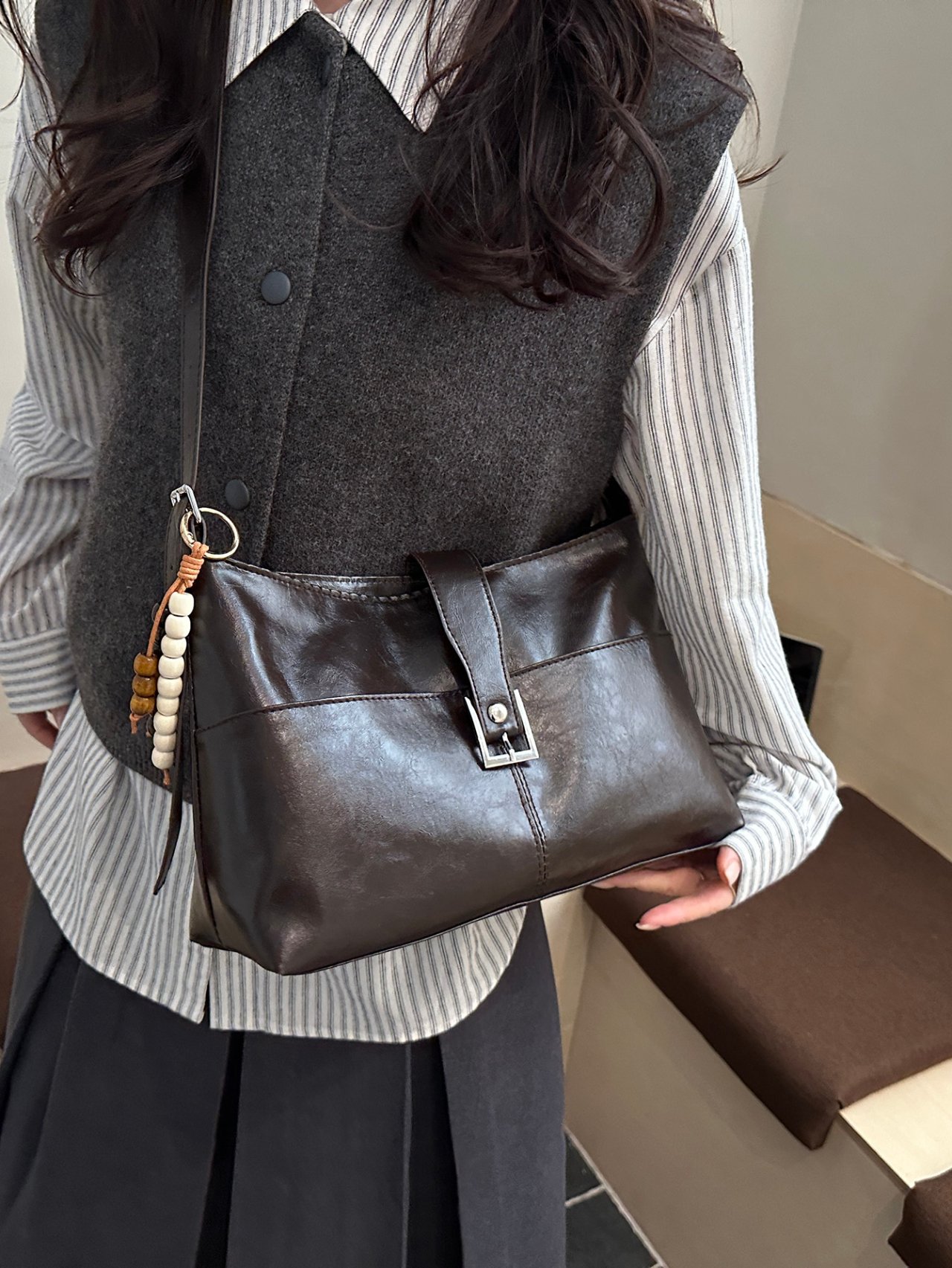 Coffee Brown Crossbody Bag with Buckle Detail