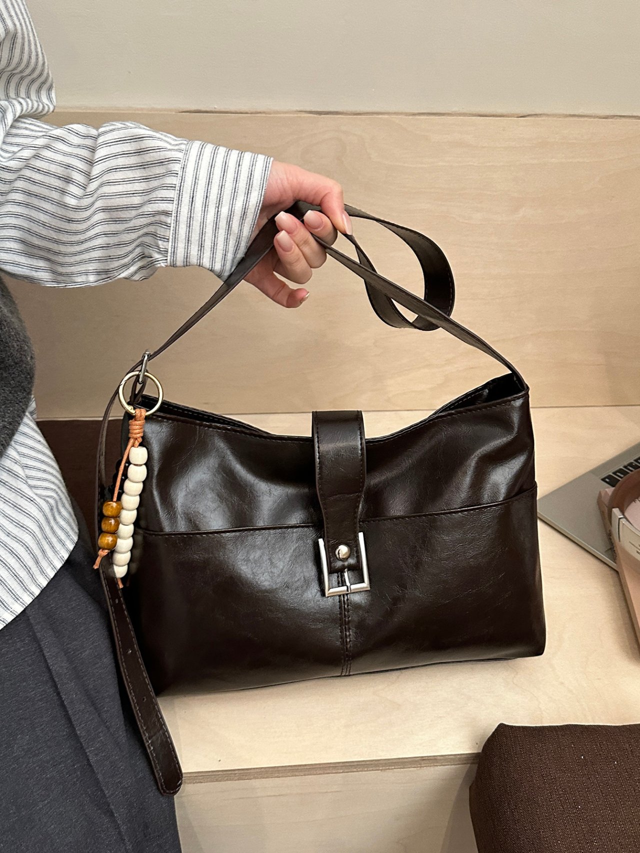 Coffee Brown Crossbody Bag with Buckle Detail