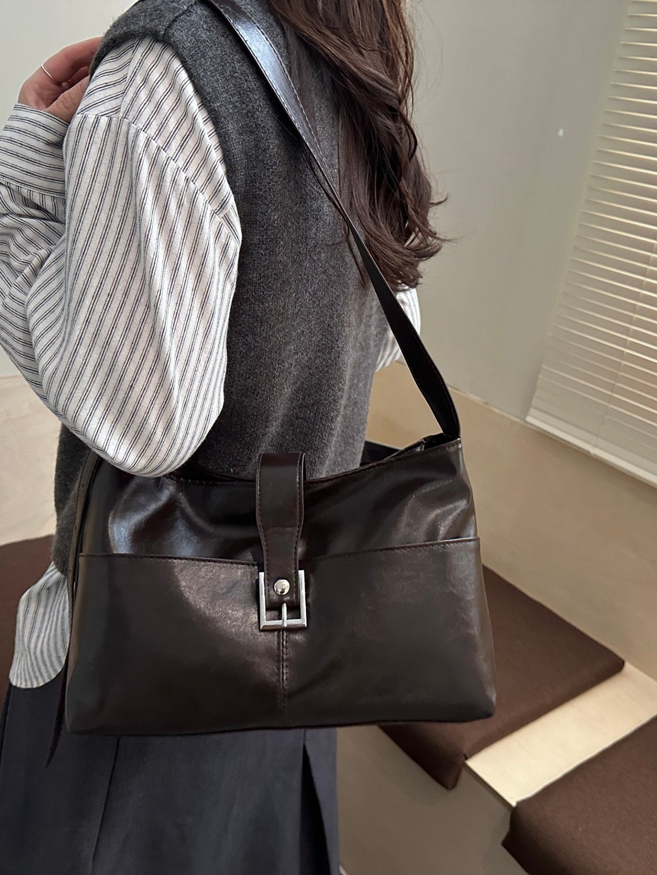 Coffee Brown Crossbody Bag with Buckle Detail