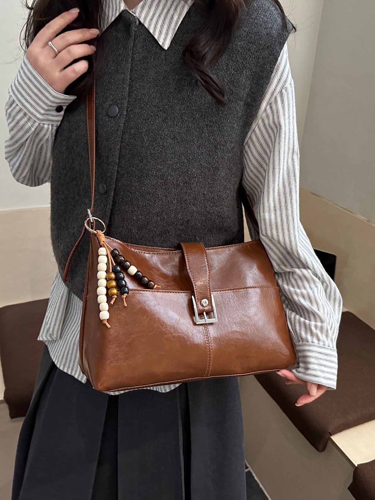 Brown Crossbody Bag with Beaded Charm