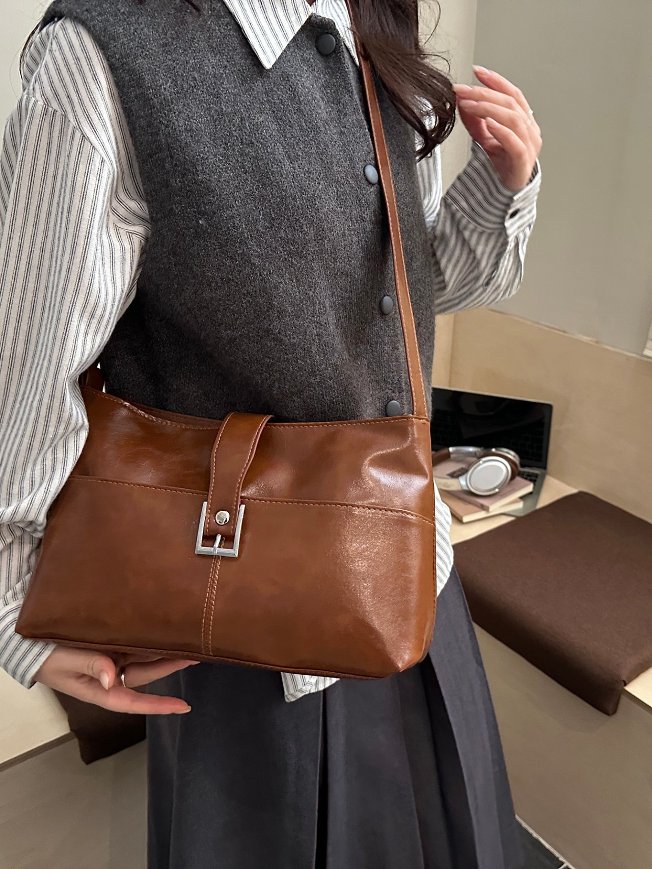 Brown Crossbody Bag with Beaded Charm