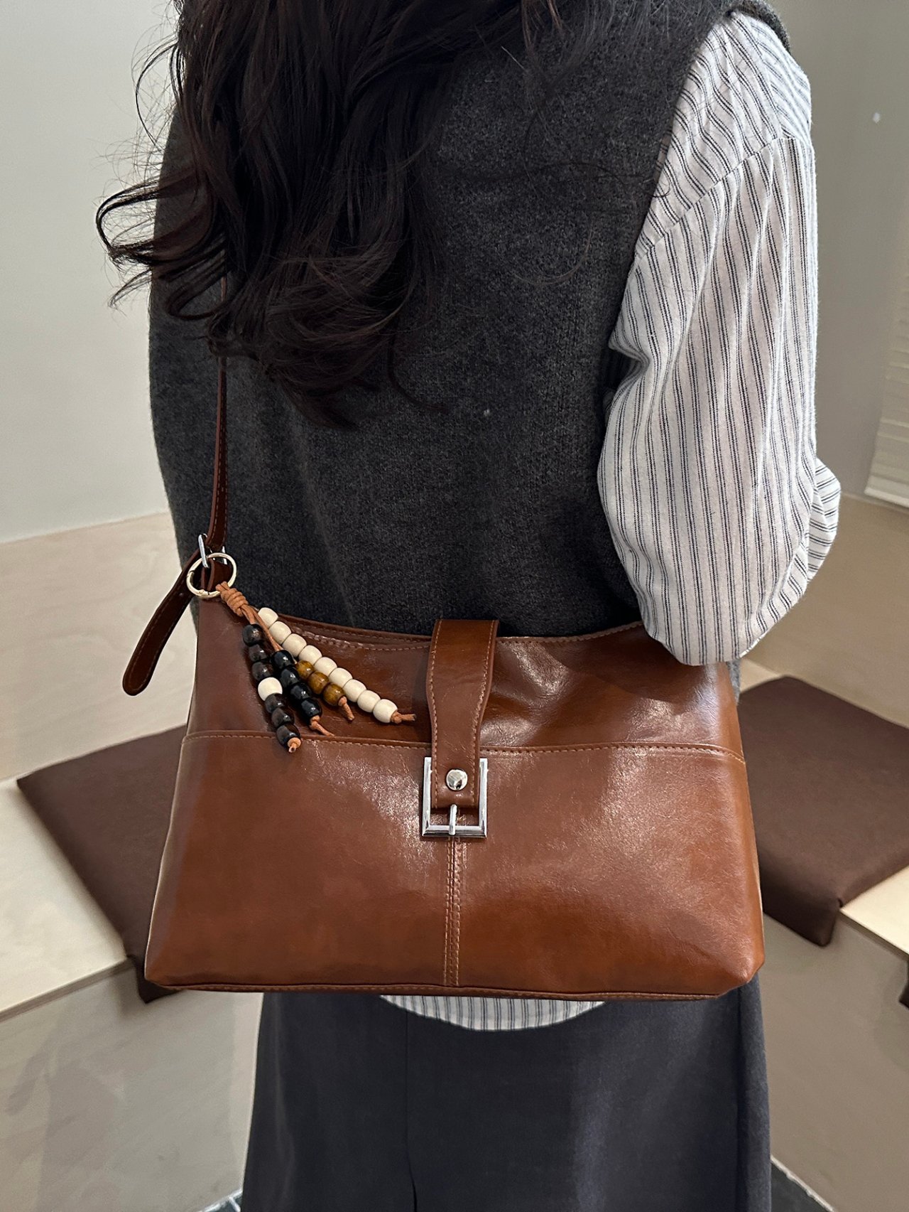 Brown Crossbody Bag with Beaded Charm