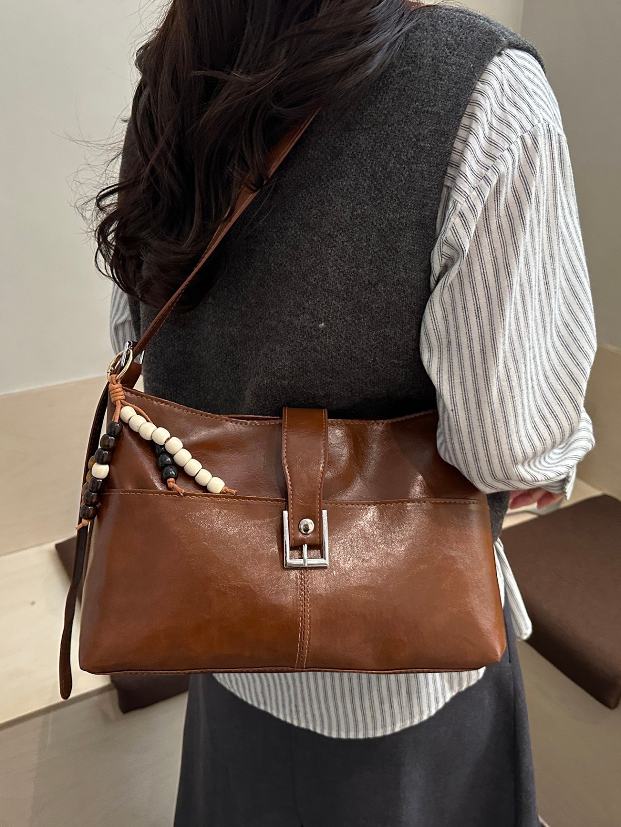 Brown Crossbody Bag with Beaded Charm