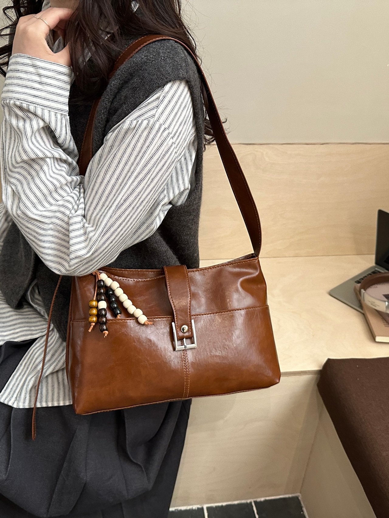 Brown Crossbody Bag with Beaded Charm
