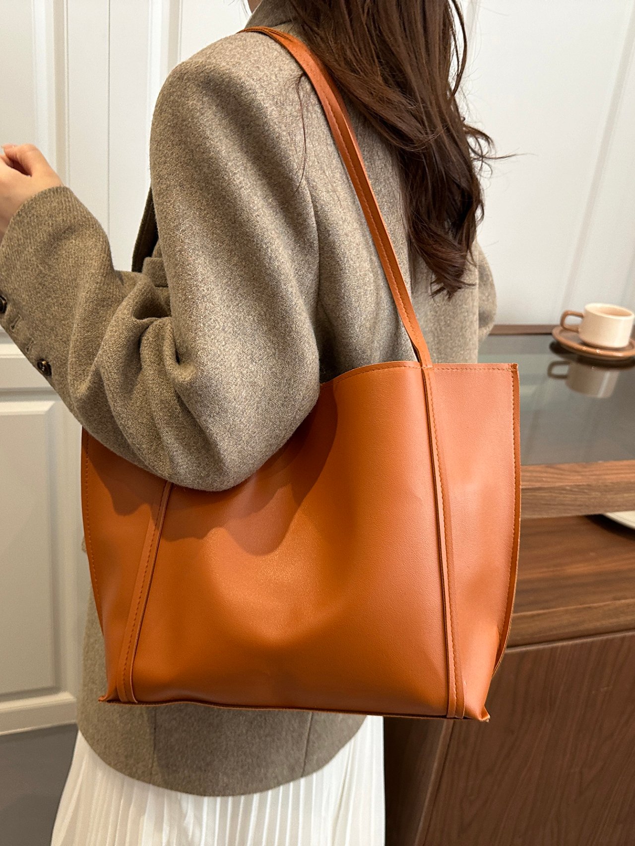 Brown Solid Tote Shoulder Bag