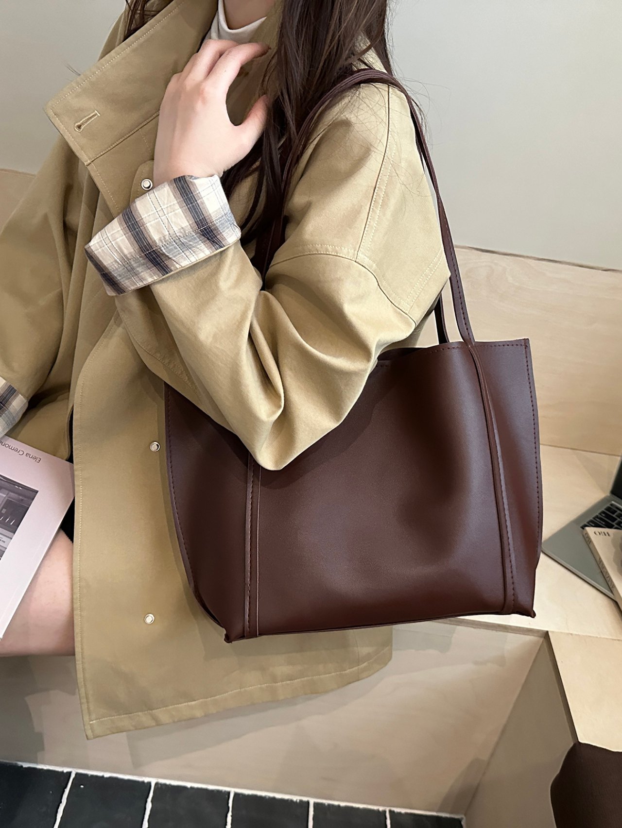 Coffee Brown Shoulder Tote Bag