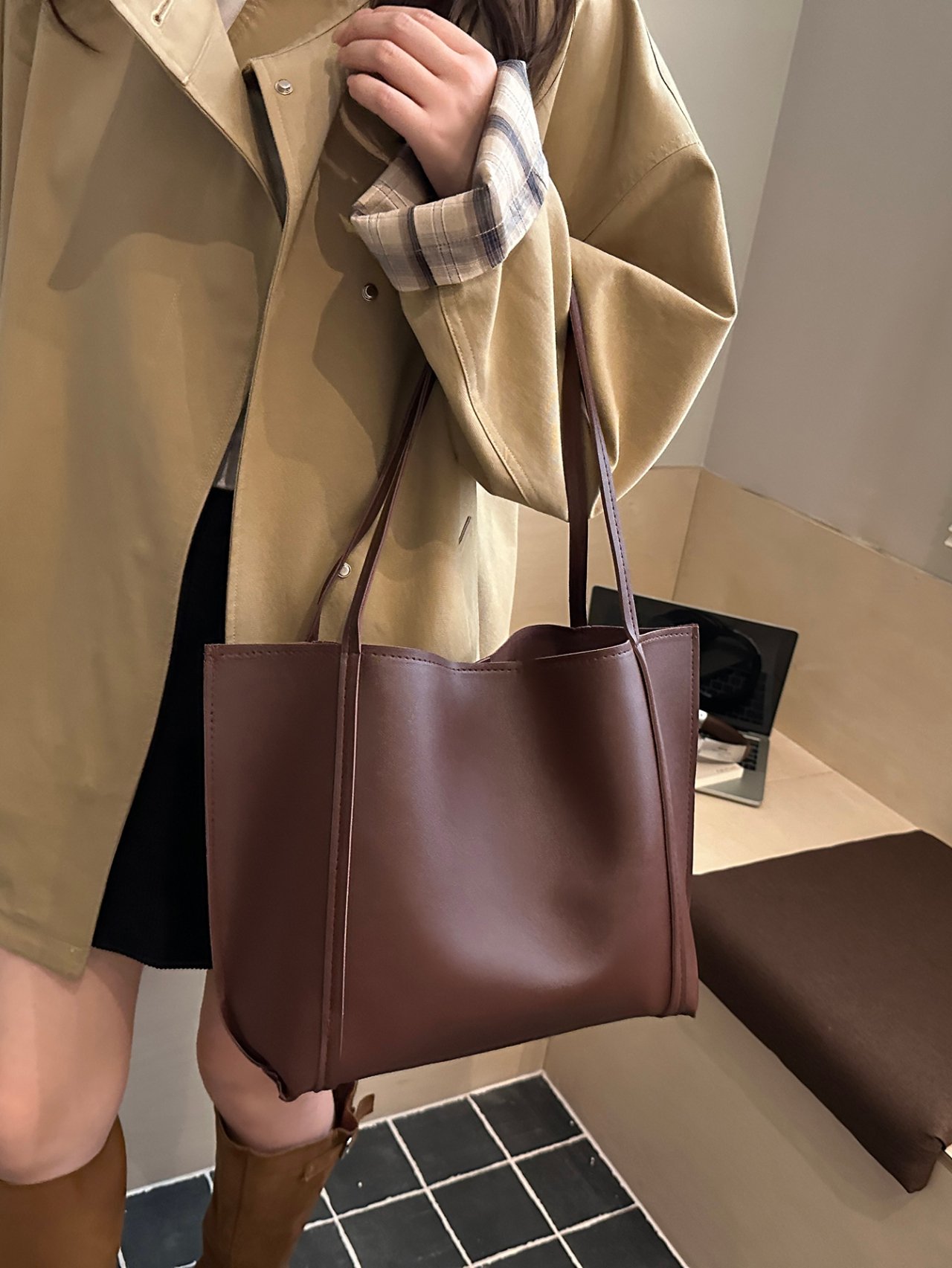 Coffee Brown Shoulder Tote Bag