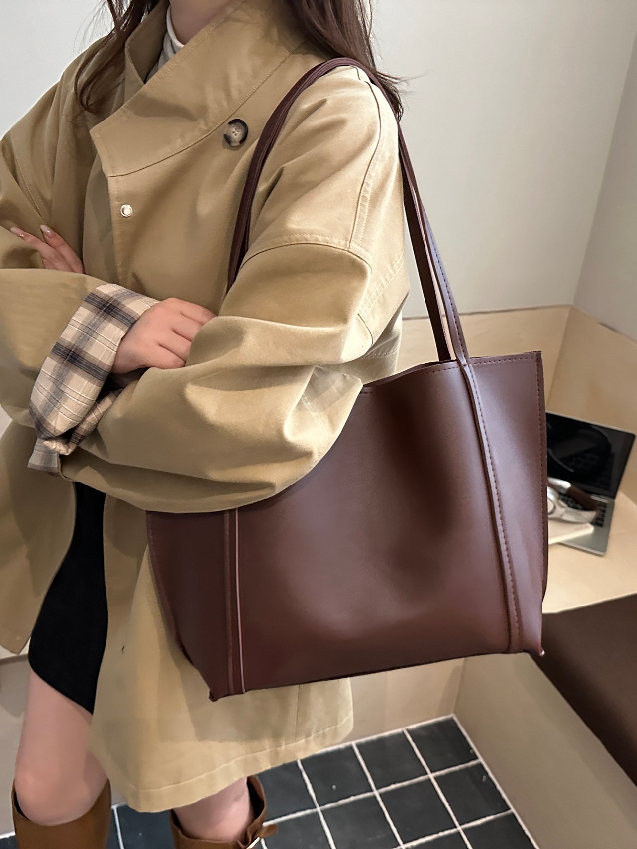 Coffee Brown Shoulder Tote Bag