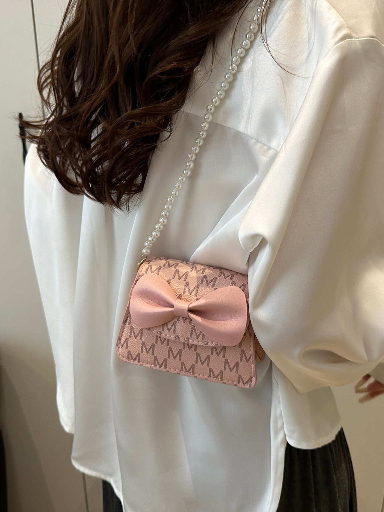 Pink Mini Crossbody Bag with Pearl Strap
